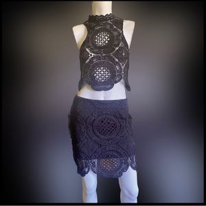 Gothic lace ornate vamp knit crochet eyelet skirt and top set cocktail club